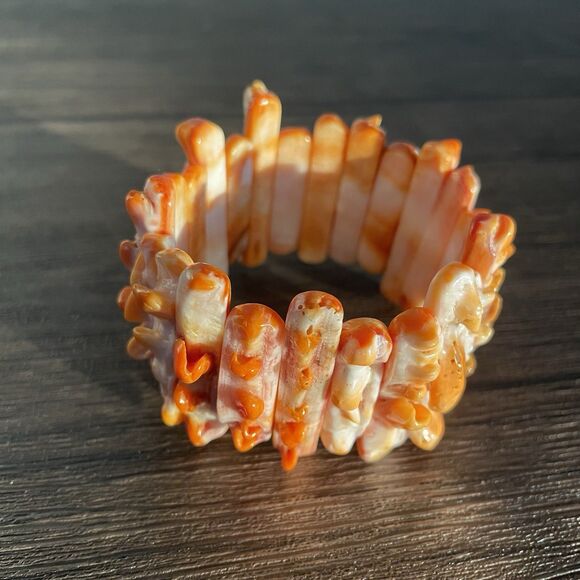 Natural Orange Spiny Oyster Shell Bracelet 7" Stretch Druzy Spikey Bead New - Picture 9 of 9